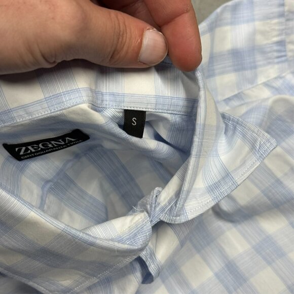 ZEGNA Dress Shirt Centoquaranta Twill Check Cotton Long Sleeve Blue 14.5 Small - Picture 6 of 9